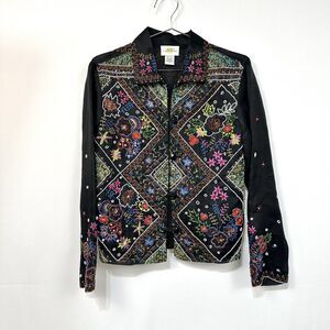 Sandy Starkman  Silk Embroidered Beaded Blouse Women's Size Medium Black